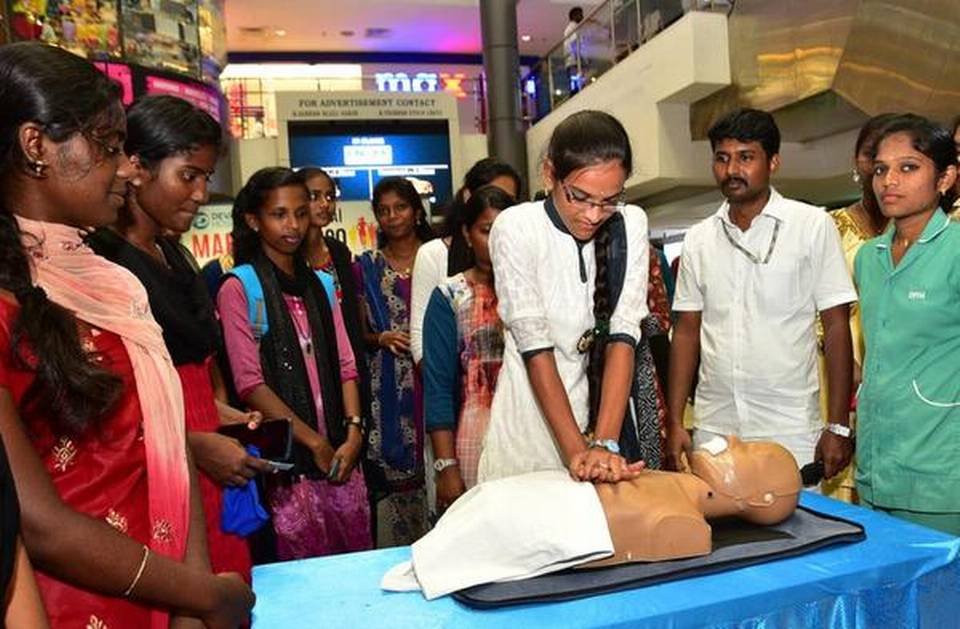 Cardio-Pulmonary Resuscitation (CPR) being demonstrated at Vishal De Mal in Madurai on Friday.